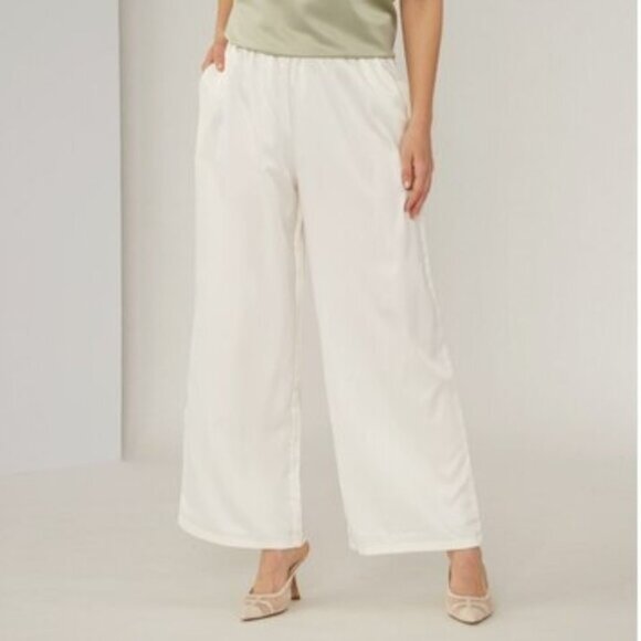 New Celestial Blue Ivory Satin Wide Leg Palazzo Pull On Pants Size 2X bin 4E - Picture 1 of 4